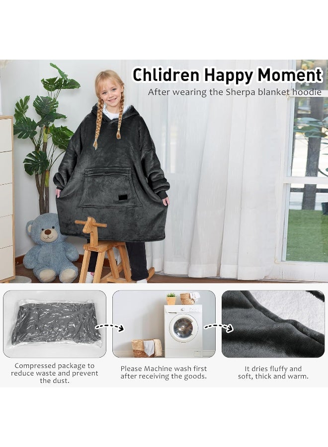 Solaris Wearable Blanket Hoodie for Kids - Warm Soft Gift, Oversized Cozy Sherpa Fleece Sweatshirt Pullover for Teens, Girls, Boys, Large Pocket, Gray - Image 5